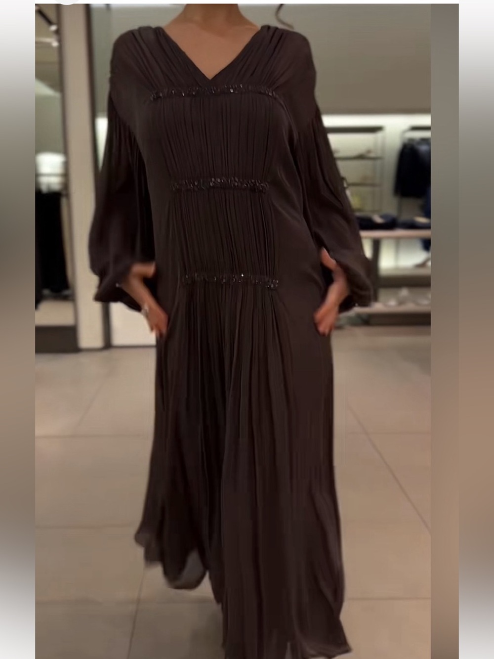 Zara Beaded Collection Brown Sheer V-Neck Long Sleeve Maxi Dress